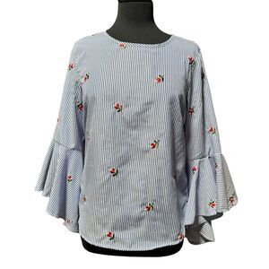 Kontrol Contemporary Blue White Striped Blouse Medium Bell Sleeve Floral